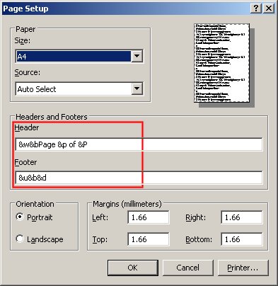 IE Page Setup